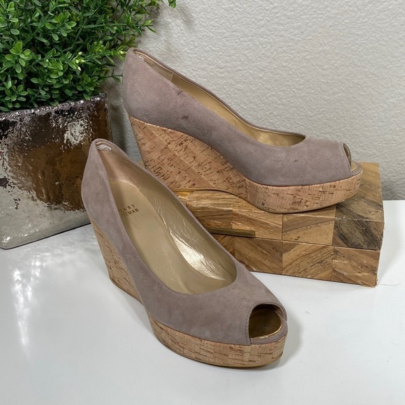 Stuart‎ Weitzman Anna Cork Wedge Peep Toe Pump Haze Size 8 - Picture 2 of 12